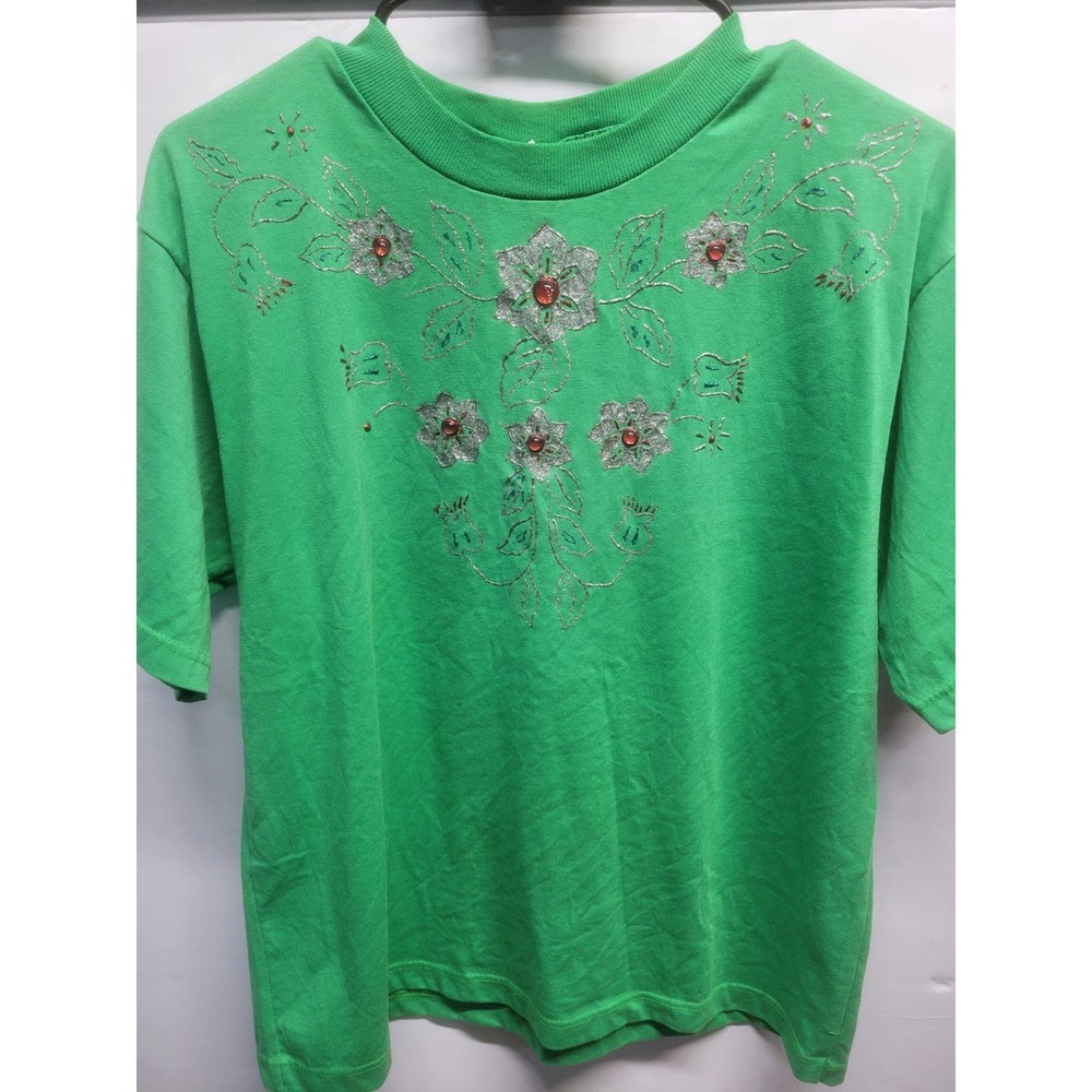 Simply Basic Womens Green Floral Glitter Rhinestone Graphic T-Shirt Large L